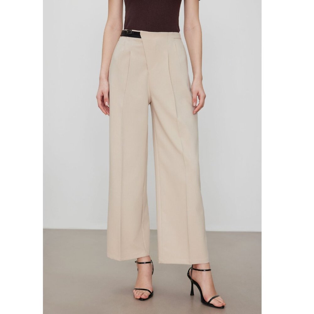 NEW Cider Asymmetric Straight Leg Trousers Women's Size Large Belted Khaki Work